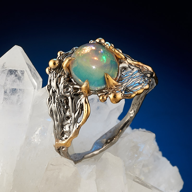 Кольцо опал благородный желтый Эфиопия (серебро 925 пр. позолота, родир. сер.) размер 18