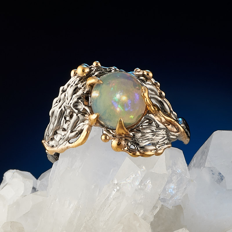 Кольцо опал благородный желтый Эфиопия (серебро 925 пр. позолота, родир. сер.) размер 18