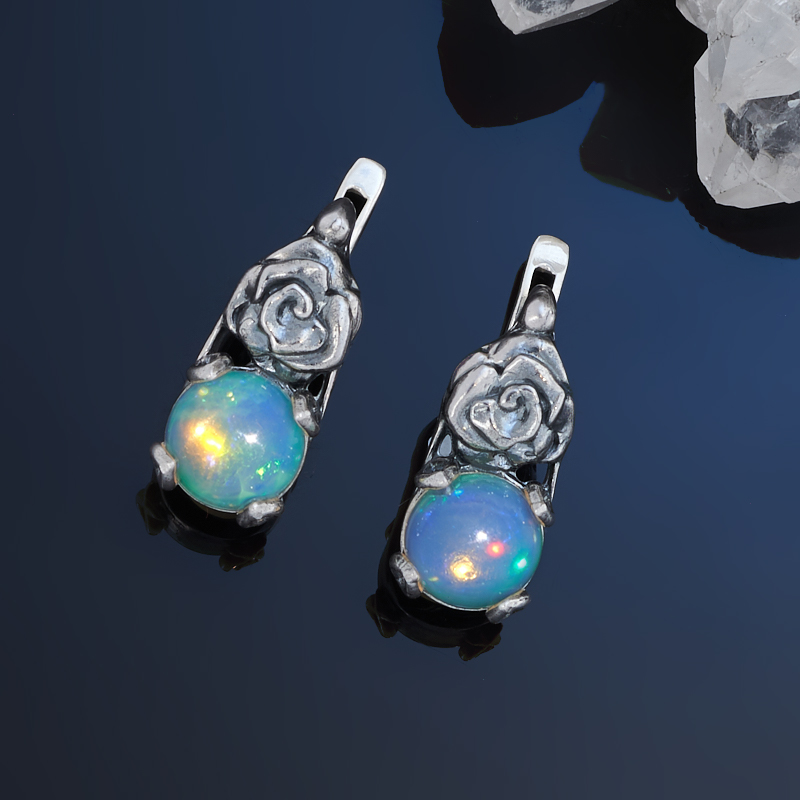 Серьги опал благородный белый Эфиопия (серебро 925 пр. оксидир.)