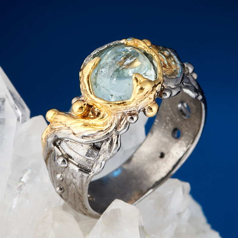 Кольцо аквамарин Россия (серебро 925 пр. позолота, родир. сер.) размер 18,5
