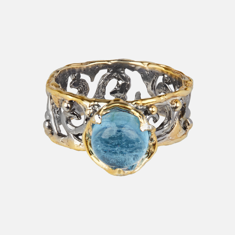 Кольцо аквамарин Россия (серебро 925 пр. позолота, родир. сер.) размер 18