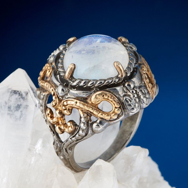 Кольцо лунный камень (адуляр) Индия (серебро 925 пр. позолота, родир. сер.) размер 19