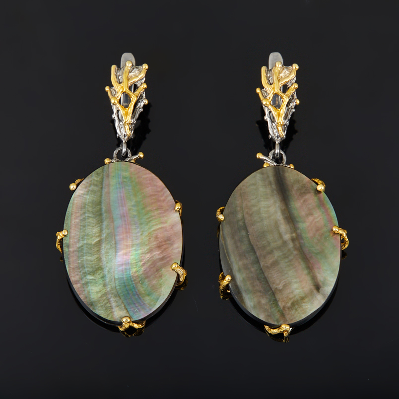 Серьги перламутр серый (дублет) Индонезия (серебро 925 пр. позолота, родир. сер.)