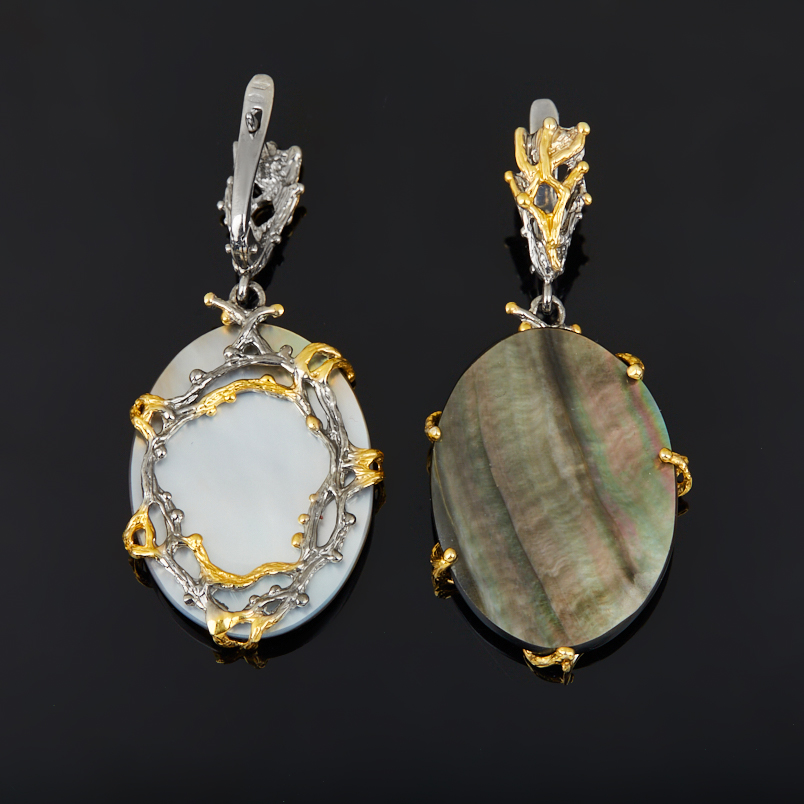 Серьги перламутр серый (дублет) Индонезия (серебро 925 пр. позолота, родир. сер.)