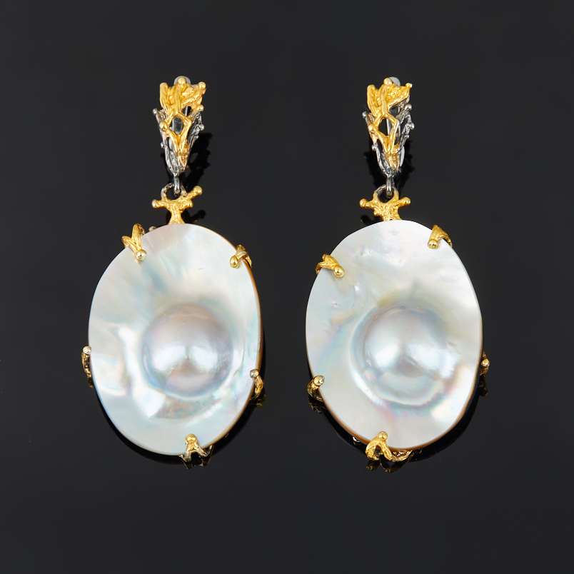 Серьги жемчуг мабэ серый Гонконг (серебро 925 пр. позолота, родир. черн.) (дублет)