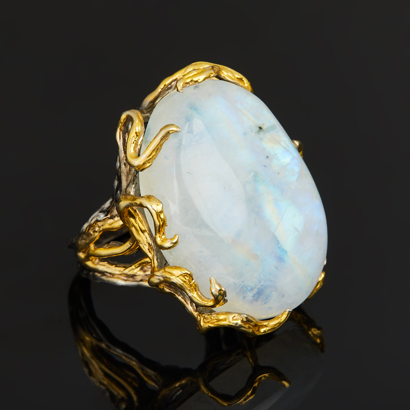 Кольцо лунный камень (адуляр) Индия (серебро 925 пр. родир. сер. позолота) размер 18