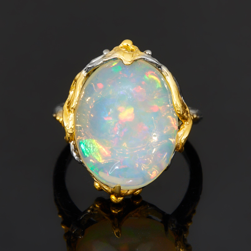 Кольцо опал благородный желтый Эфиопия (серебро 925 пр. позолота, родир. черн.) размер 18