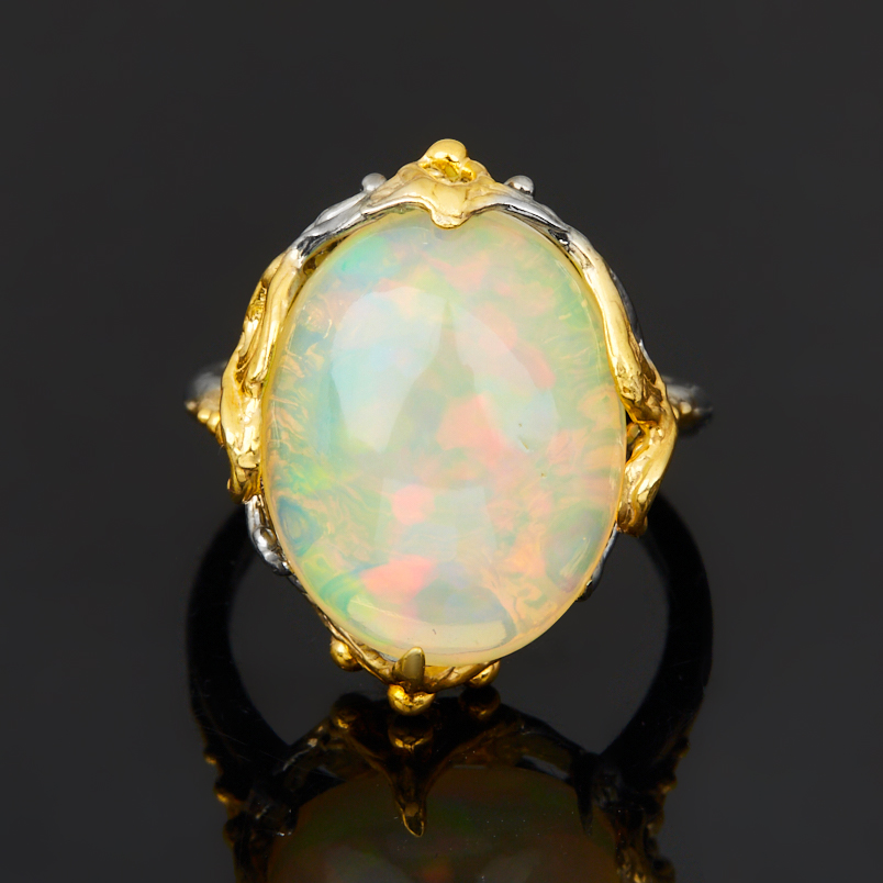 Кольцо опал благородный желтый Эфиопия (серебро 925 пр. позолота, родир. черн.) размер 18