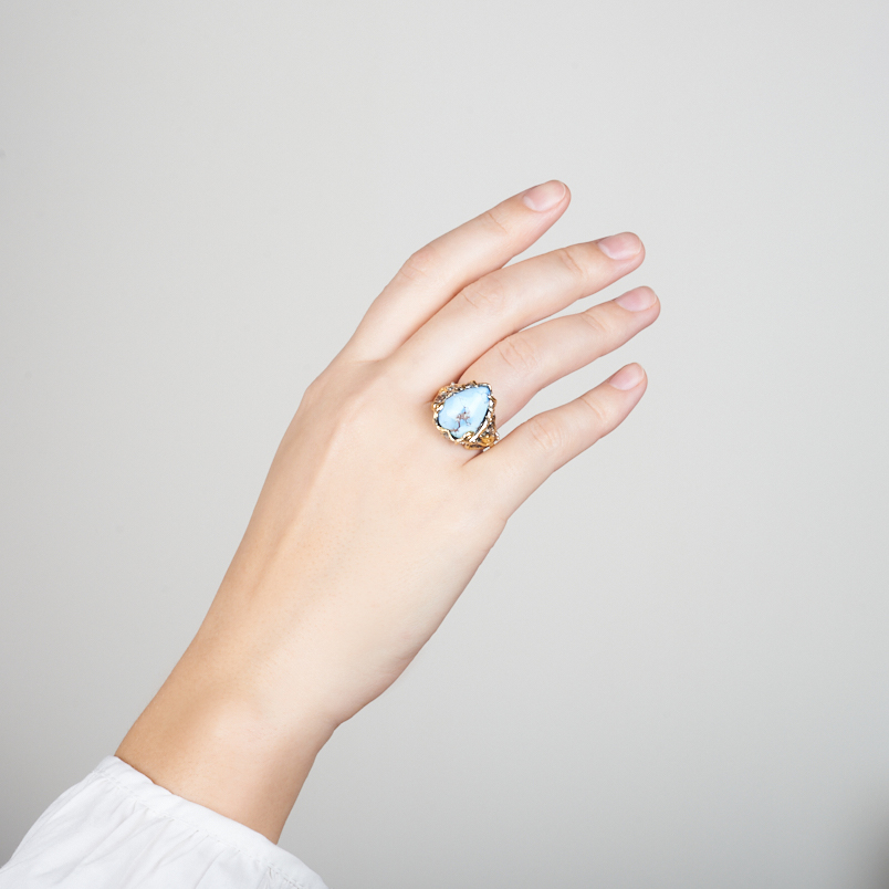 Кольцо бирюза Казахстан (серебро 925 пр. позолота, родир. сер.) размер 18,5