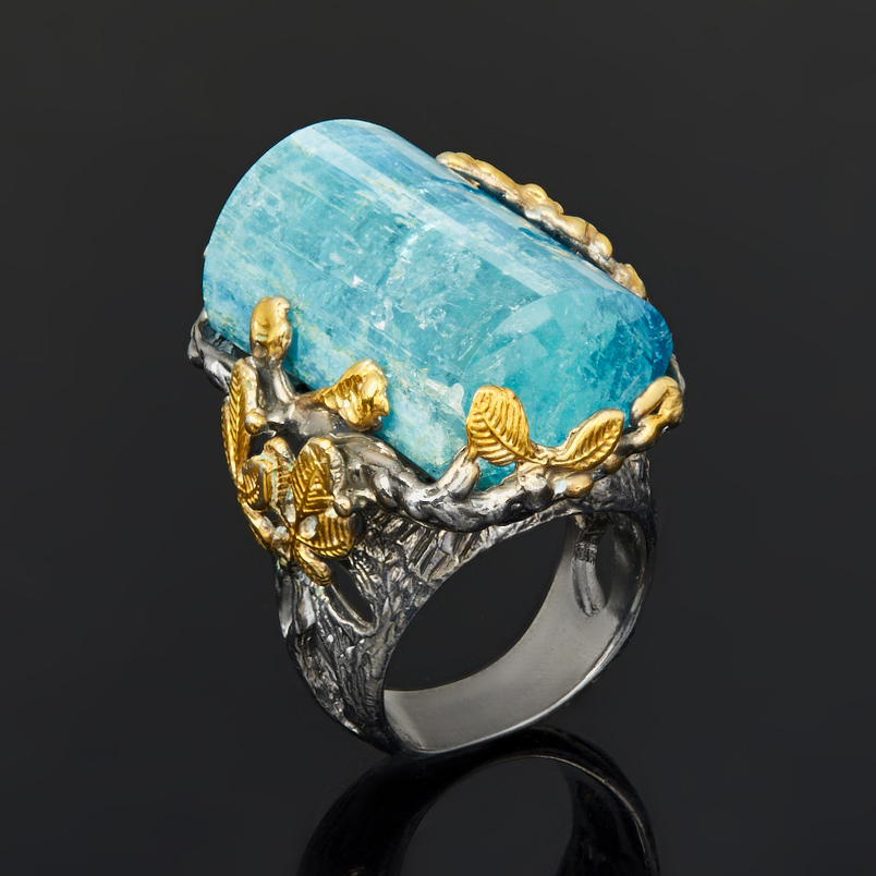 Кольцо аквамарин Бразилия (серебро 925 пр. позолота, родир. черн.) размер 17,5