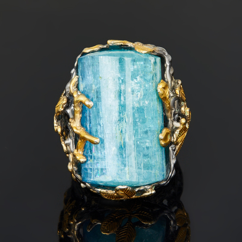 Кольцо аквамарин Бразилия (серебро 925 пр. позолота, родир. черн.) размер 17,5