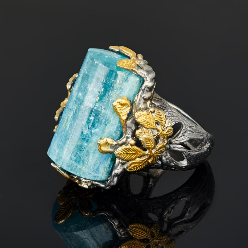 Кольцо аквамарин Бразилия (серебро 925 пр. позолота, родир. черн.) размер 17,5