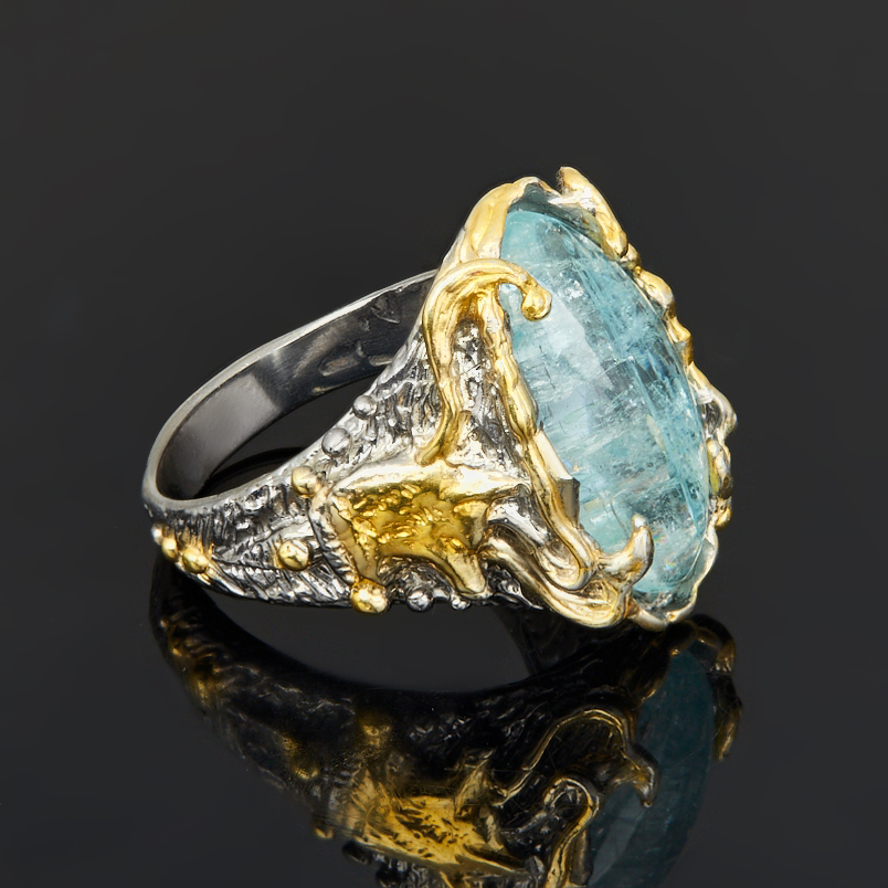 Кольцо аквамарин Россия (серебро 925 пр. родир. сер. позолота) размер 19,5