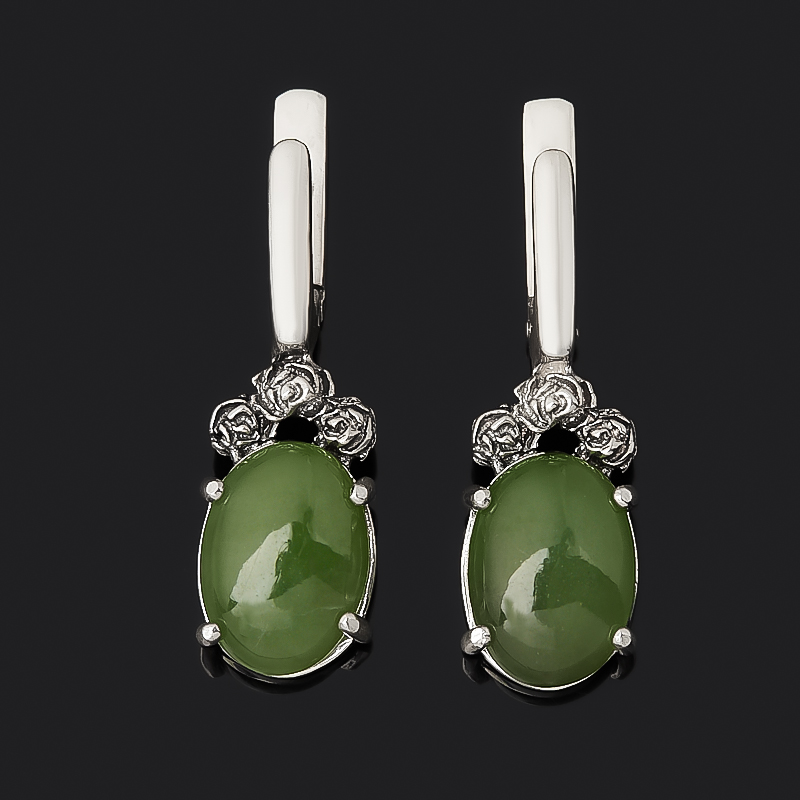 Серьги нефрит зеленый Россия (серебро 925 пр. оксидир.)