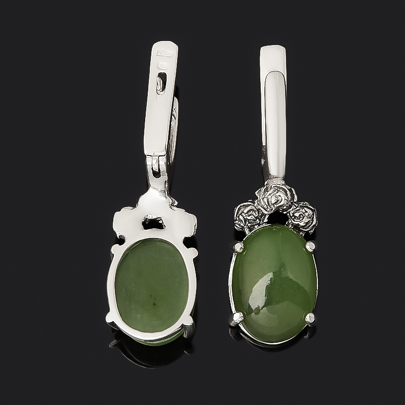 Серьги нефрит зеленый Россия (серебро 925 пр. оксидир.)
