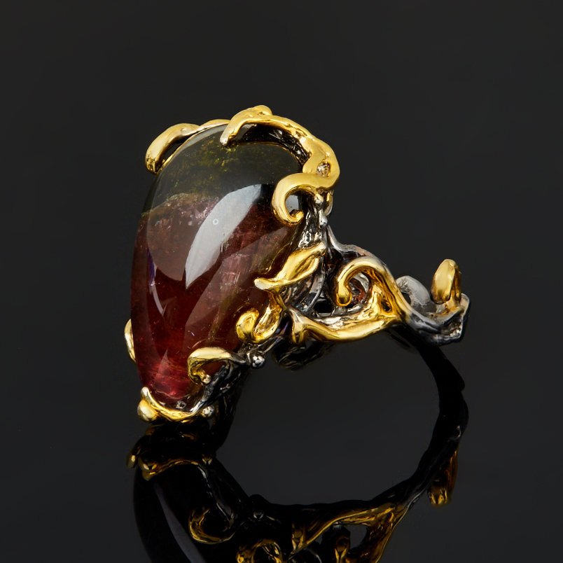 Кольцо турмалин полихромный Бразилия (серебро 925 пр. позолота, родир. сер.) размер 18,5