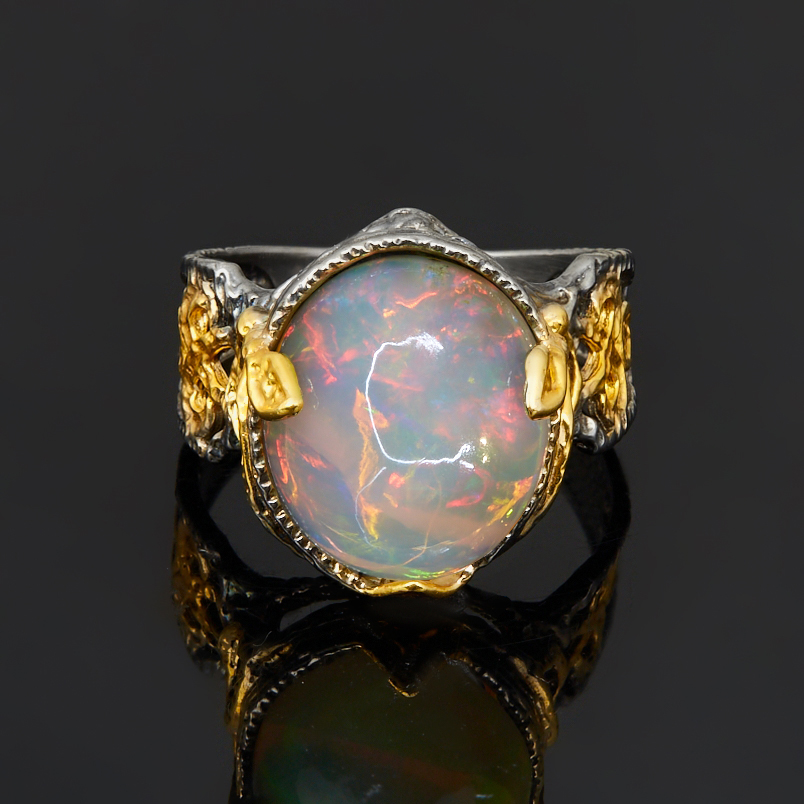 Кольцо опал благородный белый Эфиопия (серебро 925 пр. позолота, родир. черн.) размер 18