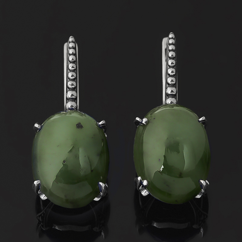 Серьги нефрит зеленый Россия (серебро 925 пр. оксидир.)