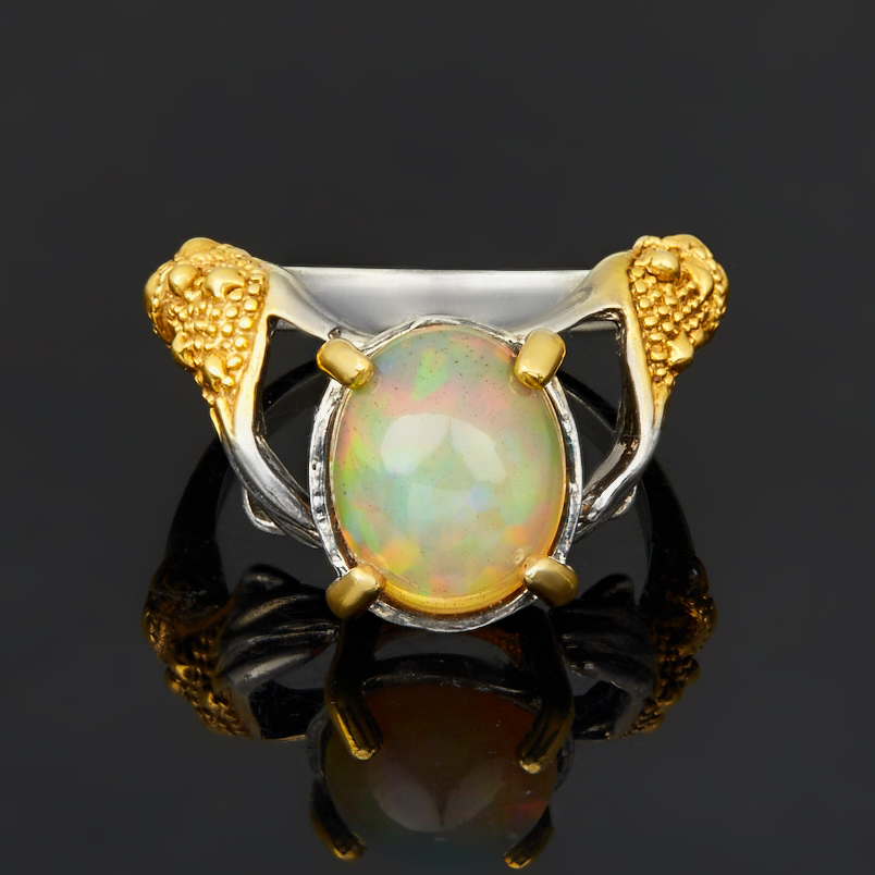 Кольцо опал благородный желтый Эфиопия (серебро 925 пр. позолота, родир. сер.) размер 19
