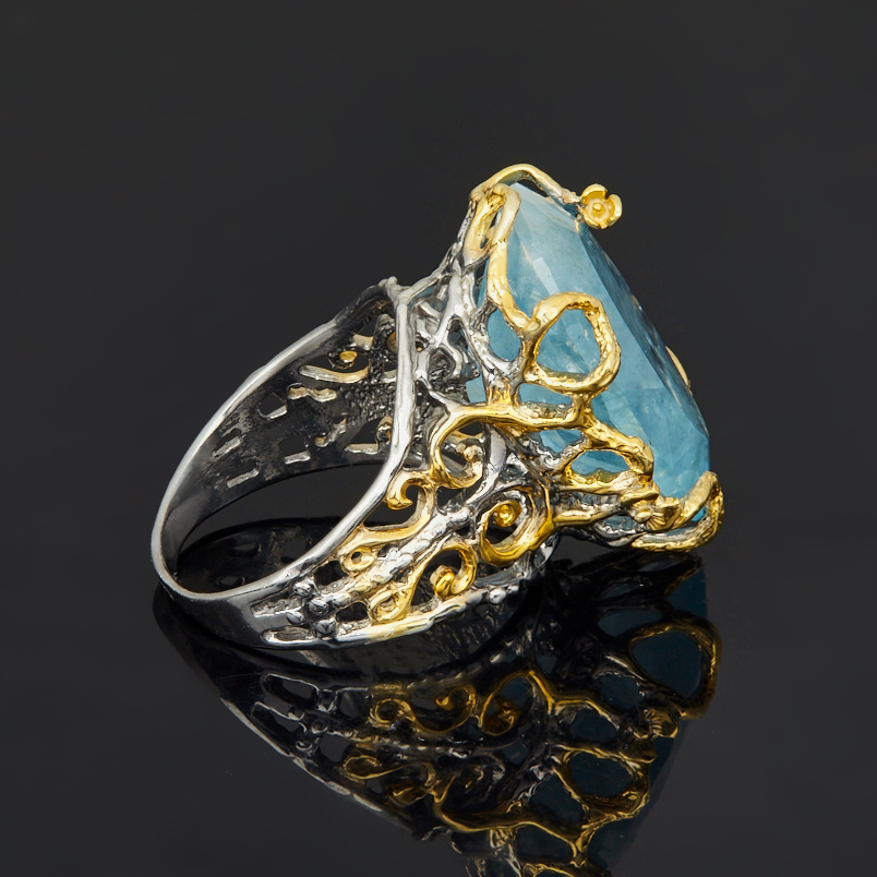 Кольцо аквамарин Россия (серебро 925 пр. позолота, родир. сер.) огранка размер 18,5