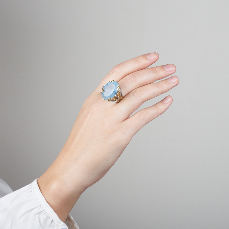 Кольцо аквамарин Россия (серебро 925 пр. позолота, родир. сер.) огранка размер 18,5