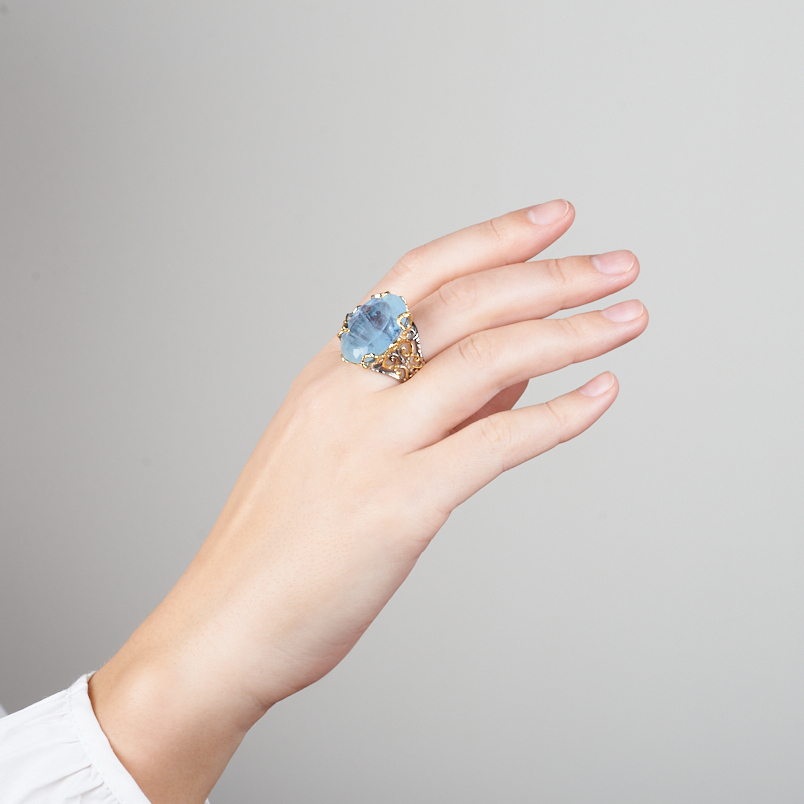 Кольцо аквамарин Россия (серебро 925 пр. позолота, родир. сер.) огранка размер 18,5