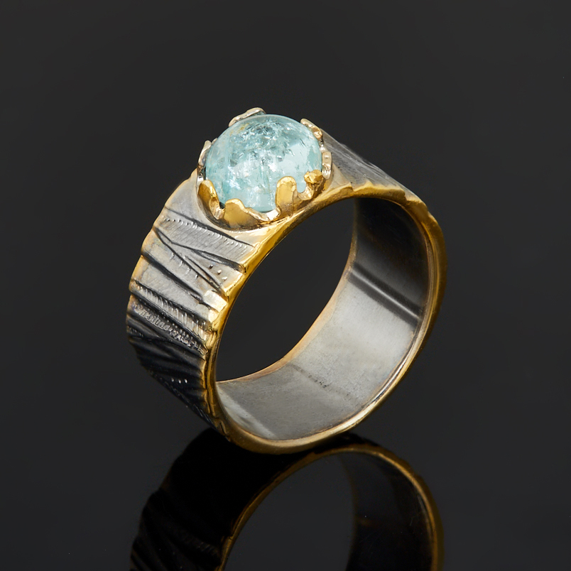 Кольцо аквамарин Россия (серебро 925 пр. позолота, родир. сер.) размер 19