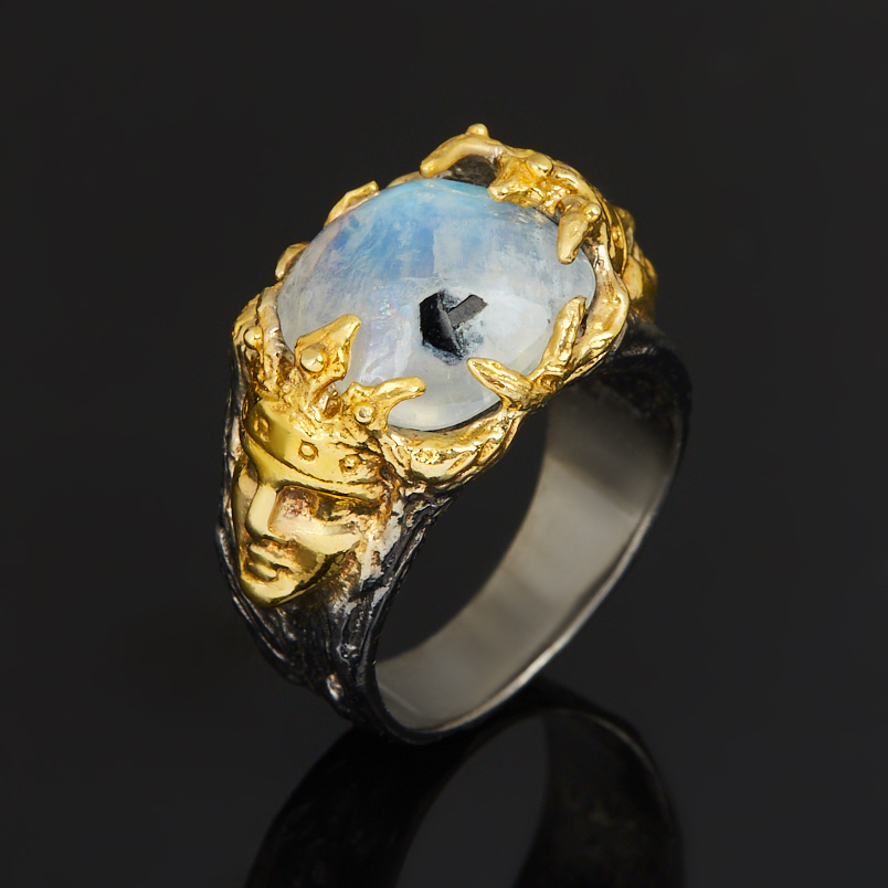 Кольцо лунный камень (адуляр) Индия (серебро 925 пр. родир. черн. позолота) размер 18,5