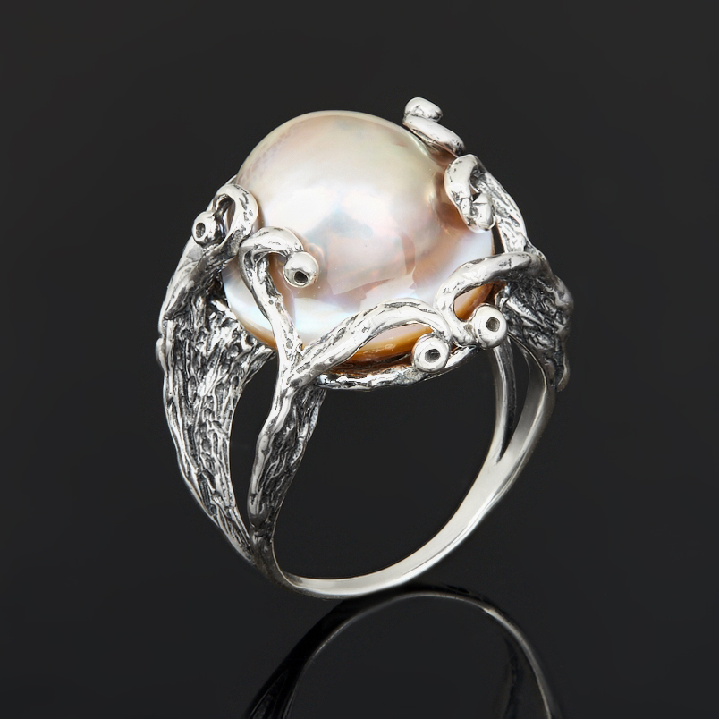 Кольцо жемчуг лавандовый мабэ (дублет) Гонконг (серебро 925 пр. оксидир.) размер 18