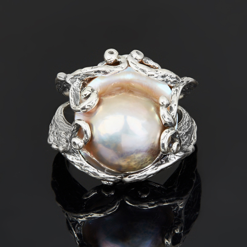 Кольцо жемчуг лавандовый мабэ (дублет) Гонконг (серебро 925 пр. оксидир.) размер 18