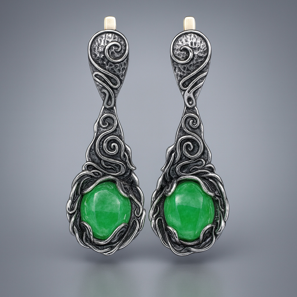 Серьги жадеит Россия (серебро 925 пр. оксидир.)