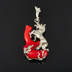 Кулон коралл красный Индонезия (нейзильбер) единорог 6 см