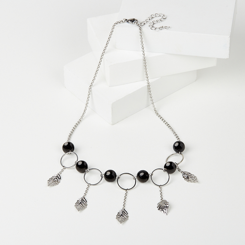 Бусы турмалин черный (шерл) Бразилия (сталь хир.) (колье) 10 мм 46 см (+7 см)