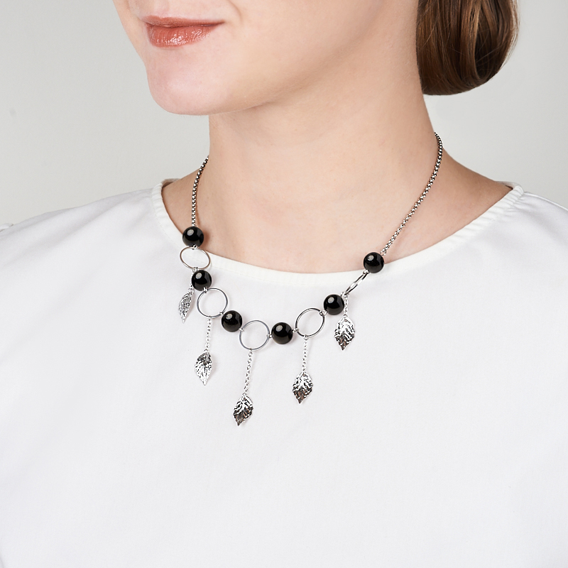 Бусы турмалин черный (шерл) Бразилия (сталь хир.) (колье) 10 мм 46 см (+7 см)