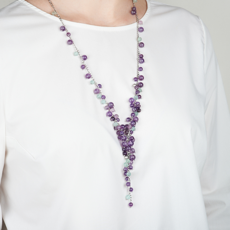 Бусы микс аметист, флюорит (сталь хир.) длинные 76 см