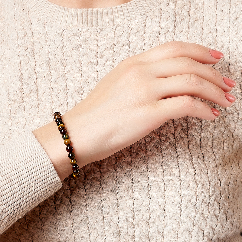 Браслет микс бычий глаз, соколиный глаз, тигровый глаз 6 мм 20 см