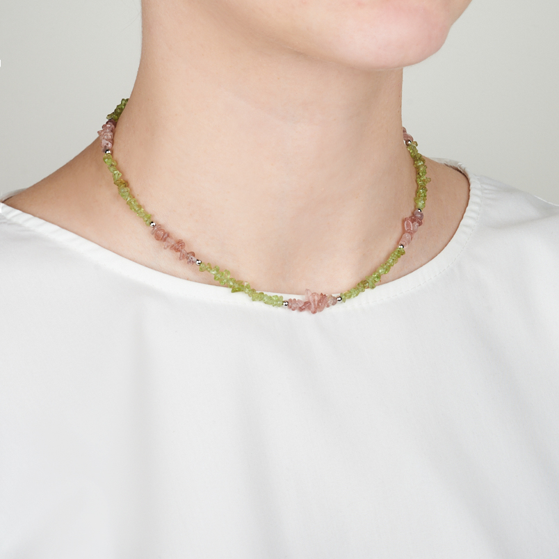 Чокер микс авантюрин, хризолит (сталь хир.) 40 см (+7 см)