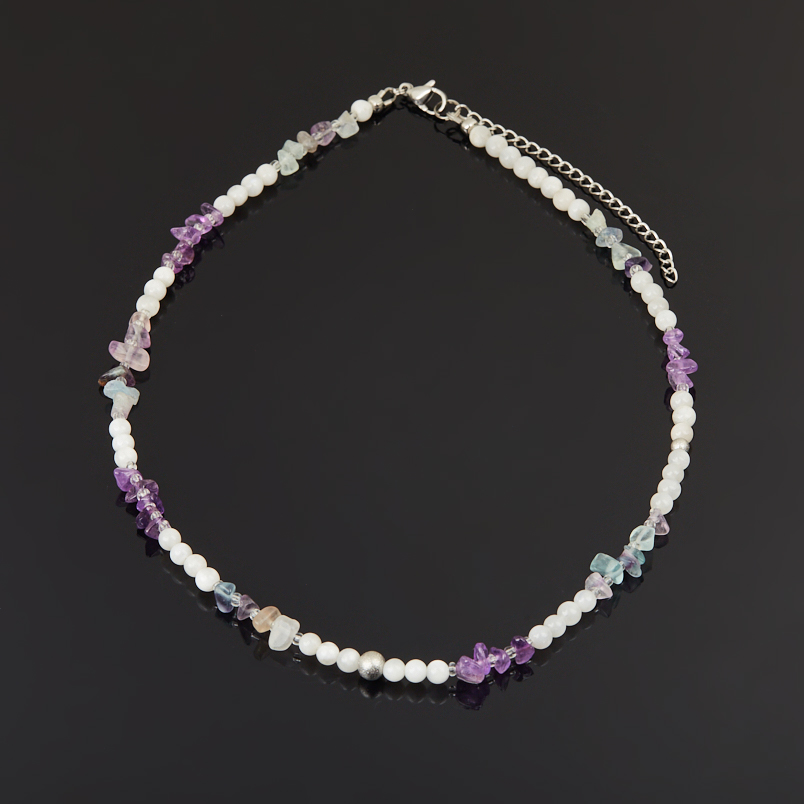 Бусы микс аметист, лунный камень, флюорит (сталь хир.) 4 мм 44 см (+7 см)
