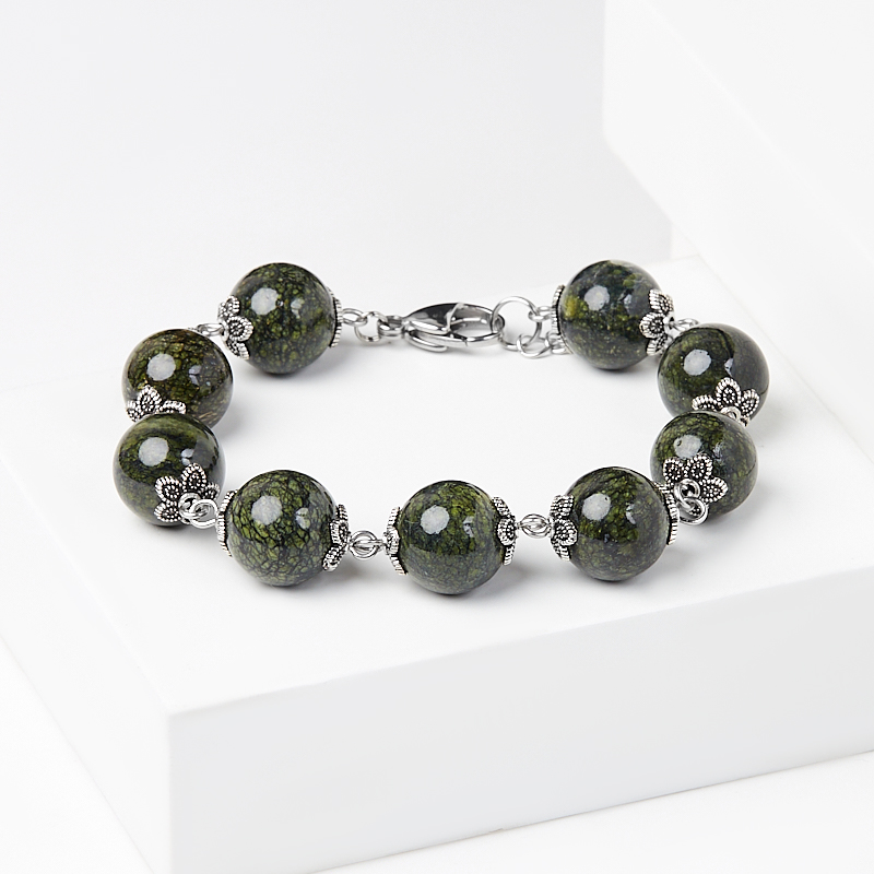 Браслет змеевик Россия 12 мм 17 см (+3 см) (сталь хир.)