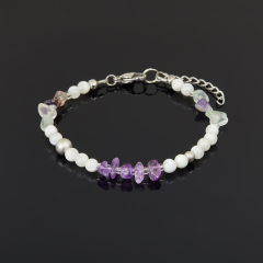 Браслет микс аметист, лунный камень, флюорит (сталь хир.) 4 мм 17 см (+3 см)