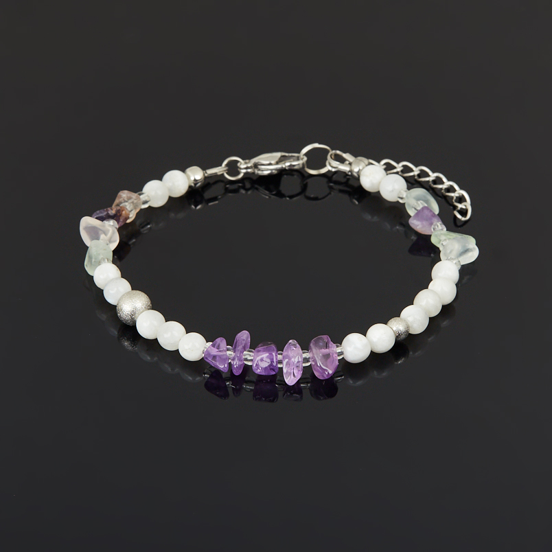 Браслет микс аметист, лунный камень, флюорит (сталь хир.) 4 мм 16 см (+3 см)