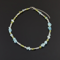 Чокер микс аквамарин, лабрадор, хризолит (сталь хир.) 4 мм 40 см (+7 см)