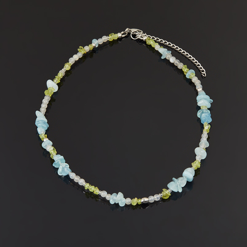 Чокер микс аквамарин, лабрадор, хризолит (сталь хир.) 4 мм 40 см (+7 см)