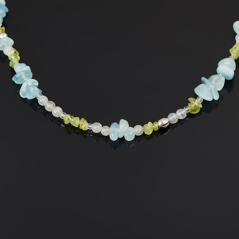 Чокер микс аквамарин, лабрадор, хризолит (сталь хир.) 4 мм 40 см (+7 см)