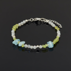 Браслет микс аквамарин, лабрадор, хризолит (сталь хир.) 4 мм 17 см (+3 см)