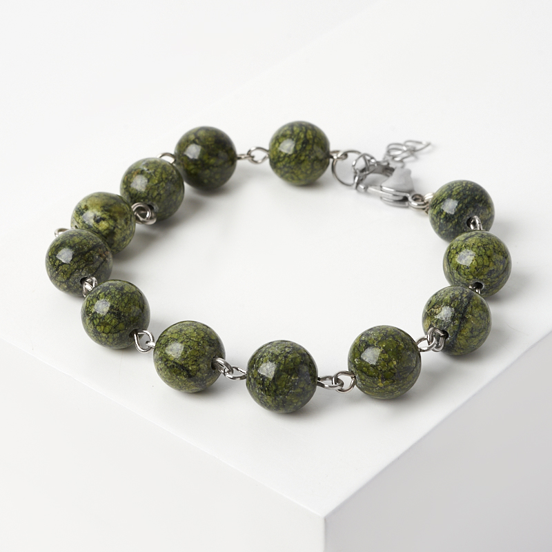 Браслет змеевик Россия (сталь хир.) 8 мм 16 см (+3 см)