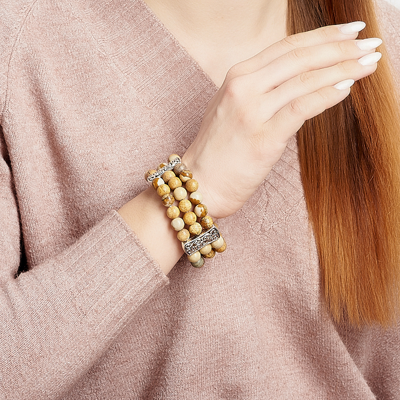 Браслет яшма рисунчатая (песочная) Намибия (биж. сплав) 8 мм 17 см