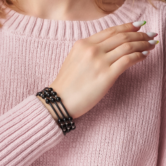 Браслет агат черный Бразилия (сталь хир., биж. сплав, силикон) пружина 6 мм 18 см (регулируемый)