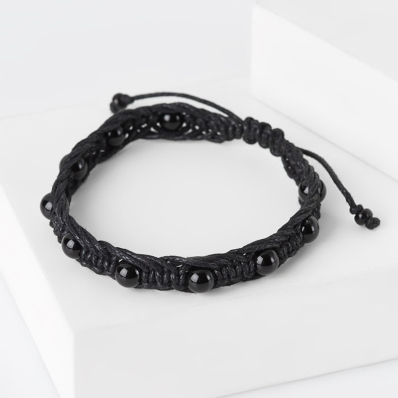 Браслет агат черный Бразилия (текстиль) шамбала 6 мм 16 см (регулируемый)