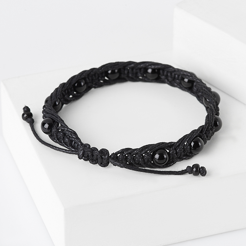 Браслет агат черный Бразилия (текстиль) шамбала 6 мм 16 см (регулируемый)